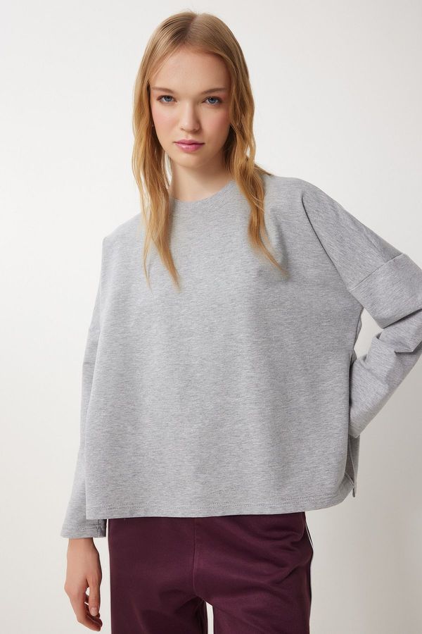 Happiness İstanbul Happiness İstanbul Women's Gray Melange Side Slit Oversize Knitted Sweatshirt