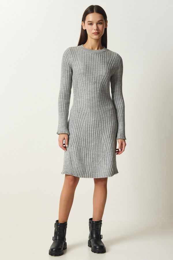 Happiness İstanbul Happiness İstanbul Women's Gray Ribbed A-Line Knitwear Dress