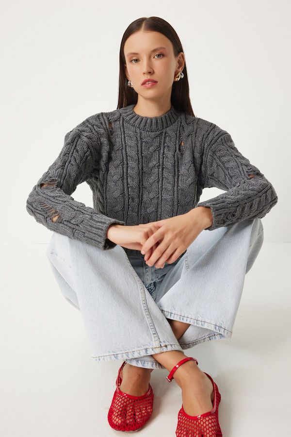 Happiness İstanbul Happiness İstanbul Women's Gray Ripped Detailed Knitted Sweater