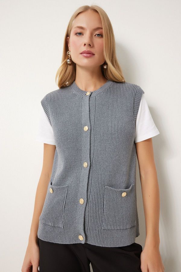 Happiness İstanbul Happiness İstanbul Women's Gray Stylish Buttoned Pocket Knitwear Vest