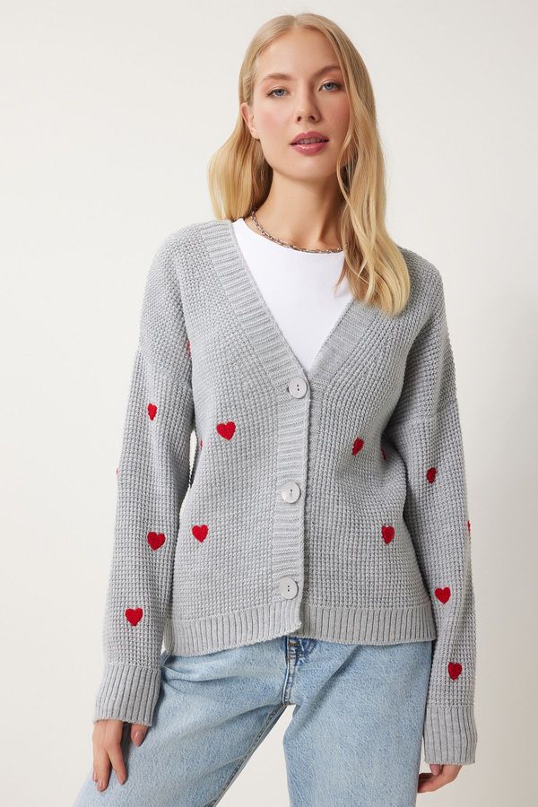 Happiness İstanbul Happiness İstanbul Women's Gray V Neck Heart Textured Knitwear Cardigan