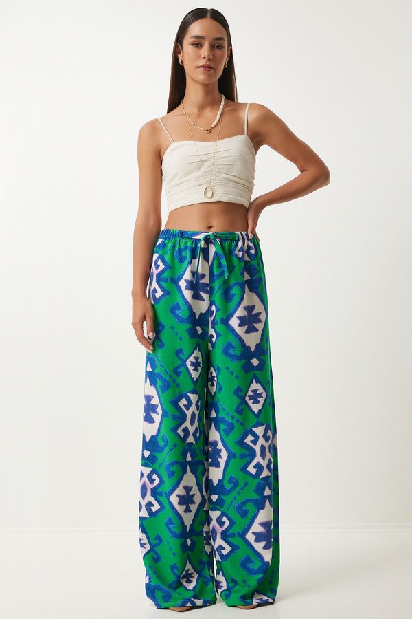Happiness İstanbul Happiness İstanbul Women's Green Blue Patterned Raw Linen Palazzo Trousers