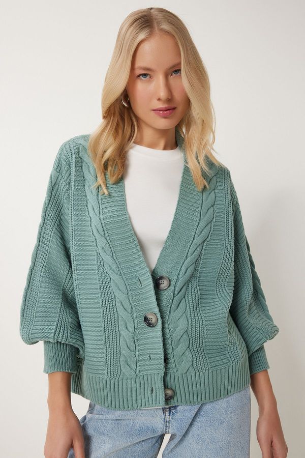 Happiness İstanbul Happiness İstanbul Women's Green Braided Balloon Sleeve Loose Knitwear Cardigan