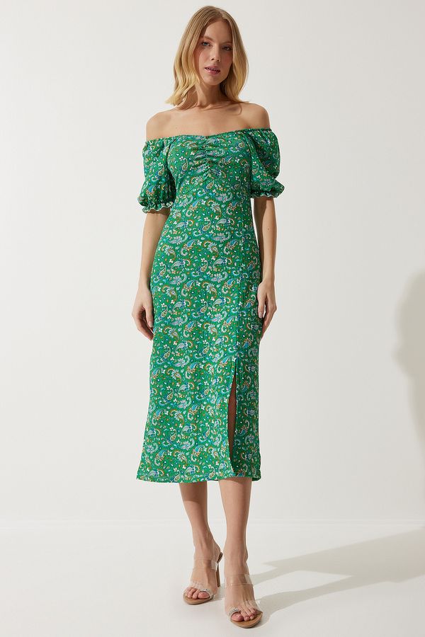 Happiness İstanbul Happiness İstanbul Women's Green Elastic Carmen Collar Summer Viscose Dress