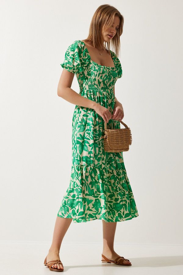 Happiness İstanbul Happiness İstanbul Women's Green Floral Patterned Summer Viscose Dress