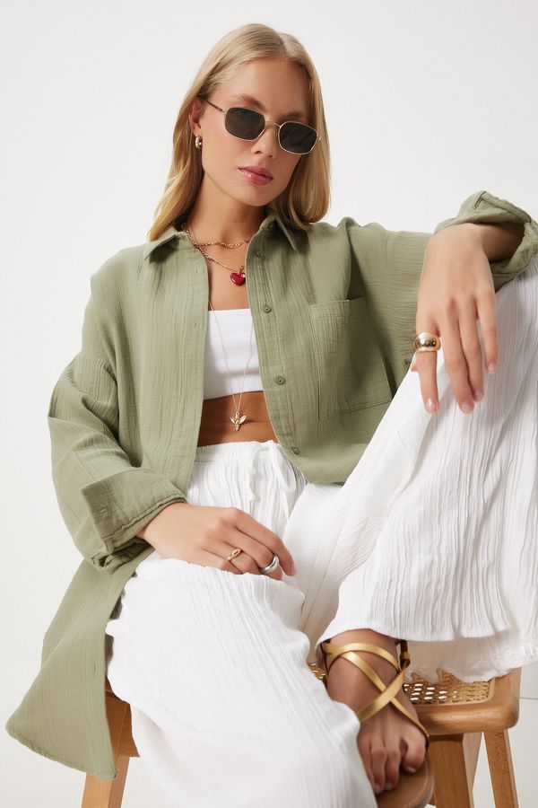 Happiness İstanbul Happiness İstanbul Women's Green Oversize Basic Muslin Shirt