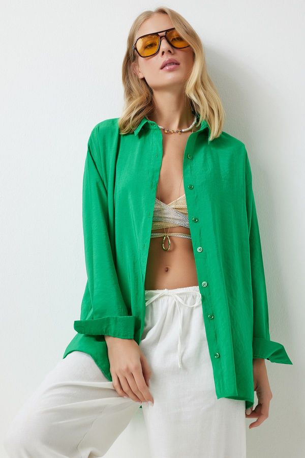 Happiness İstanbul Happiness İstanbul Women's Green Oversize Long Linen Ayrobin Shirt