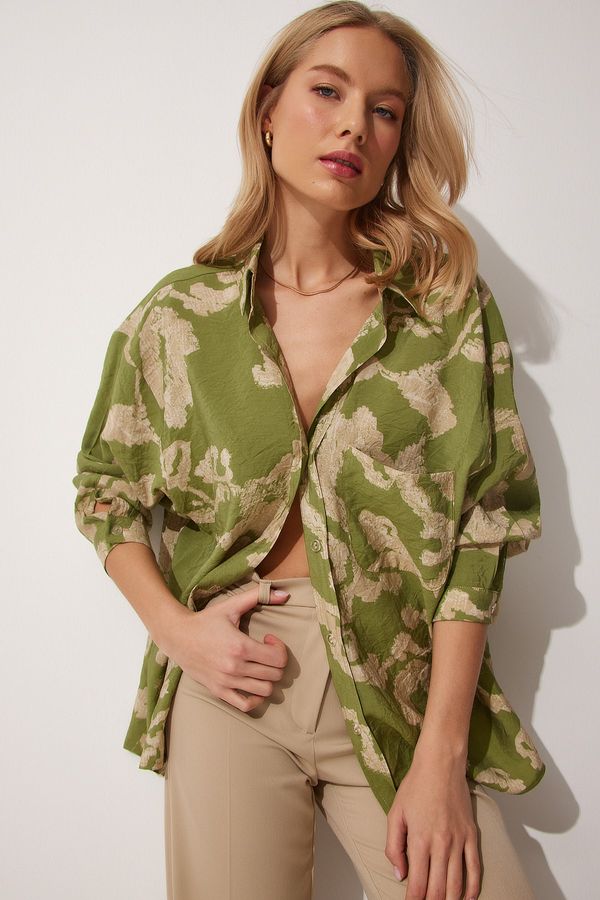 Happiness İstanbul Happiness İstanbul Women's Green Patterned Oversized Cotton Satin Shirt