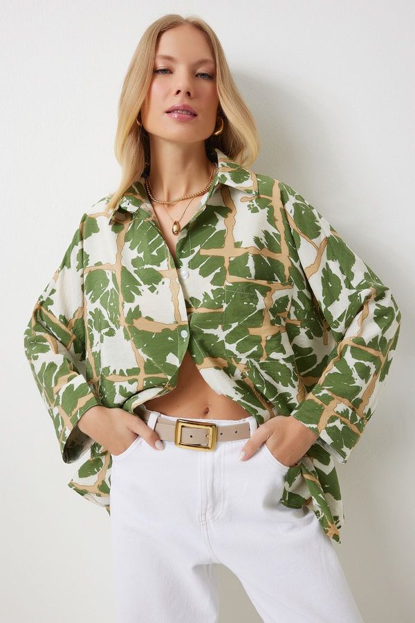 Happiness İstanbul Happiness İstanbul Women's Green Patterned Textured Oversize Ayrobin Viscose Shirt