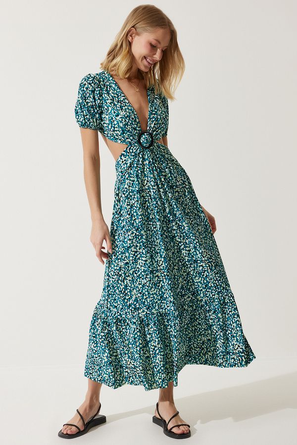 Happiness İstanbul Happiness İstanbul Women's Green Patterned Window Detail Buckled Knitted Dress