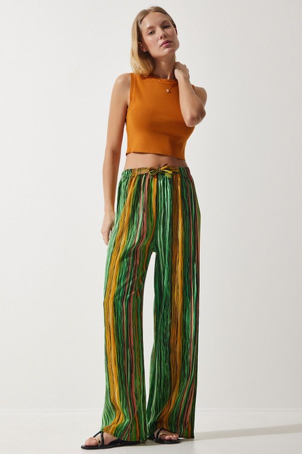 Happiness İstanbul Happiness İstanbul Women's Green Yellow Patterned Flowing Viscose Palazzo Trousers
