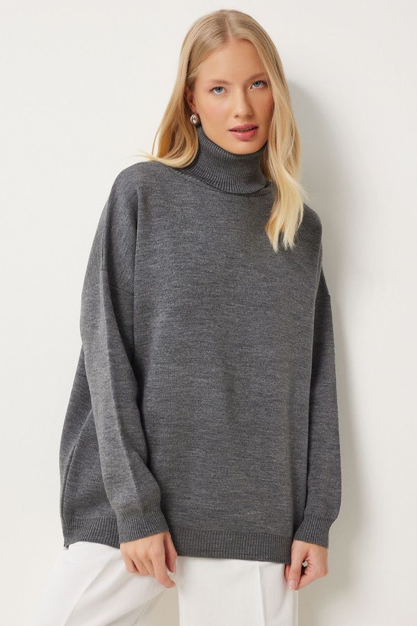 Happiness İstanbul Happiness İstanbul Women's Grey Turtleneck Oversize Knitwear Sweater