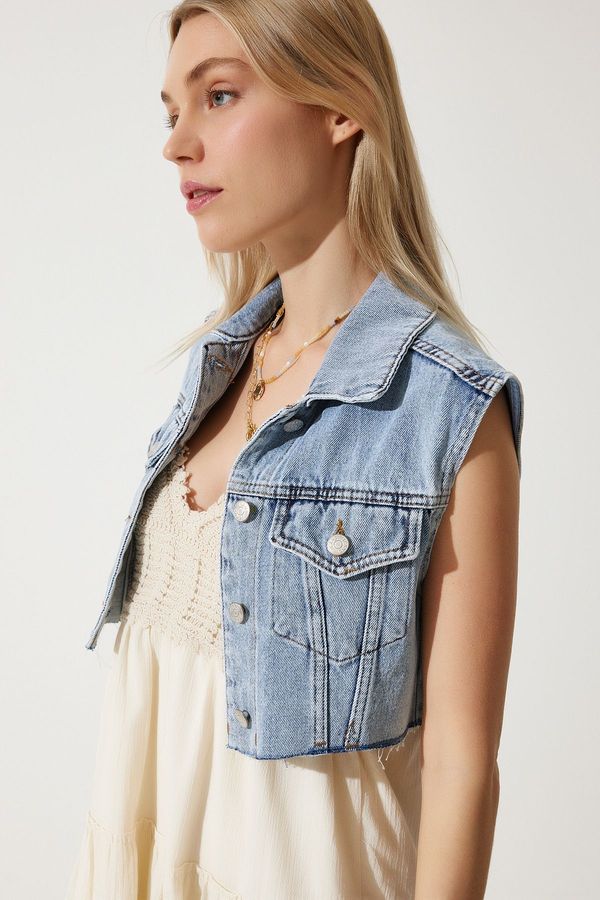 Happiness İstanbul Happiness İstanbul Women's Ice Blue Crop Denim Vest