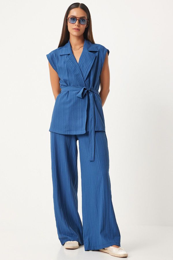 Happiness İstanbul Happiness İstanbul Women's Indigo Blue Belted Vest Palazzo Knitted Suite