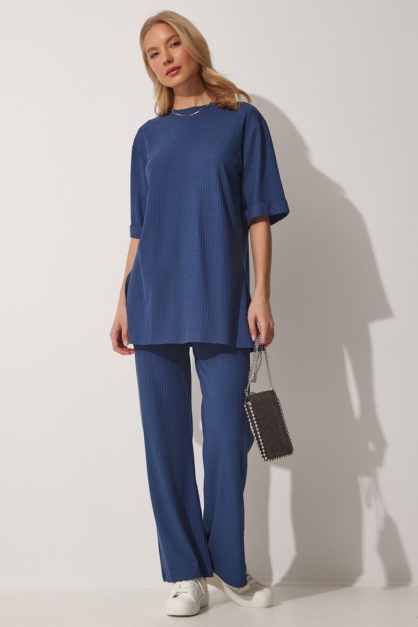 Happiness İstanbul Happiness İstanbul Women's Indigo Blue Ribbed Flexible Knitted Bottom Top Set