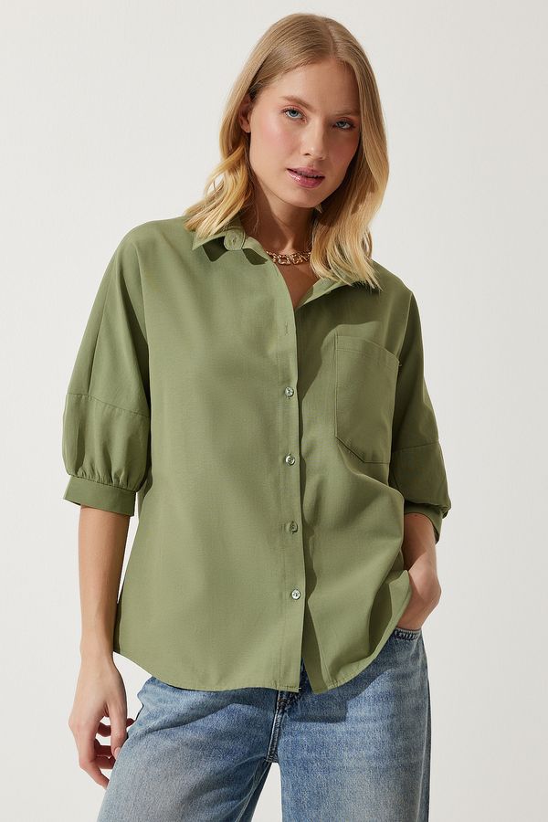 Happiness İstanbul Happiness İstanbul Women's Khaki Balloon Sleeve Poplin Shirt