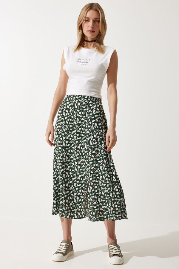 Happiness İstanbul Happiness İstanbul Women's Khaki Black Floral Slit Summer Viscose Skirt