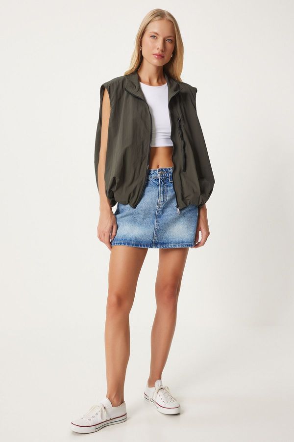 Happiness İstanbul Happiness İstanbul Women's Khaki Stand Collar Elastic Waist Parachute Vest