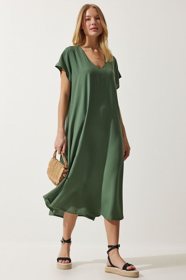 Happiness İstanbul Happiness İstanbul Women's Khaki V Neck Summer Flowy Viscose Dress