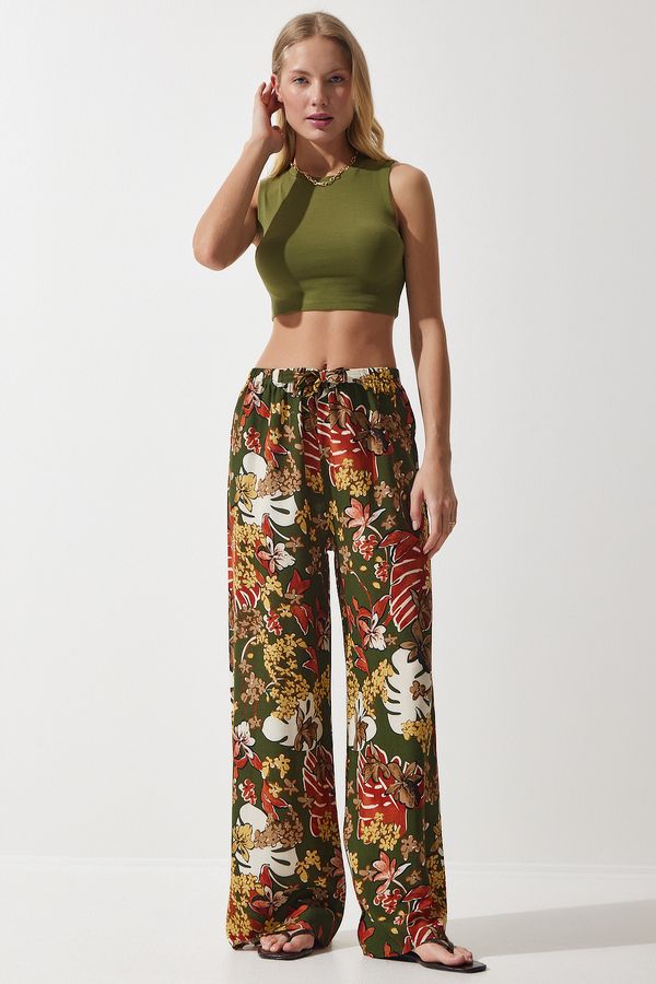 Happiness İstanbul Happiness İstanbul Women's Khaki Yellow Patterned Flowing Viscose Palazzo Trousers