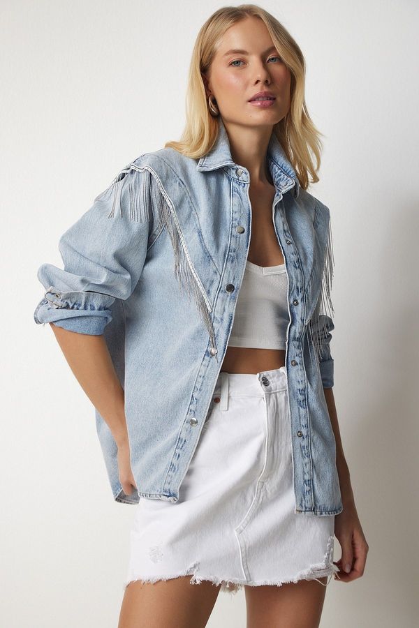 Happiness İstanbul Happiness İstanbul Women's Light Blue Chain Detailed Denim Shirt Jacket