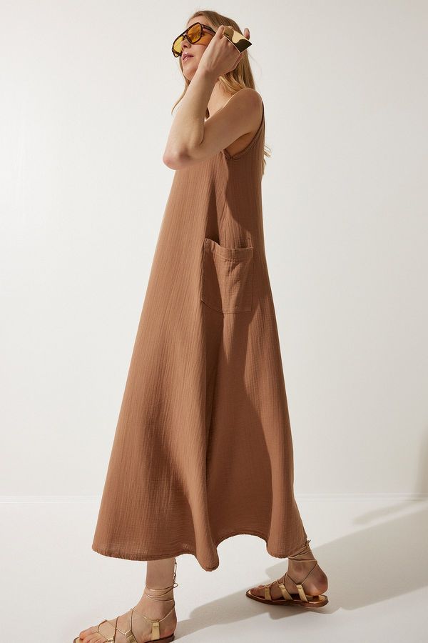 Happiness İstanbul Happiness İstanbul Women's Light Brown Wide Pocket Summer Muslin Dress