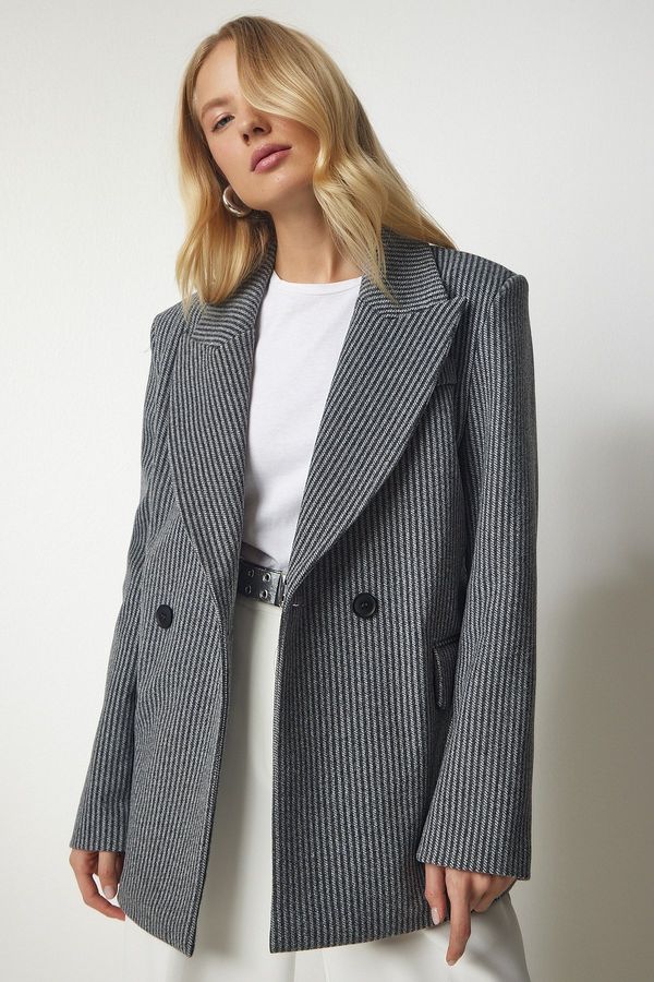 Happiness İstanbul Happiness İstanbul Women's Light Gray Double Breasted Collar Pocket Stamped Jacket