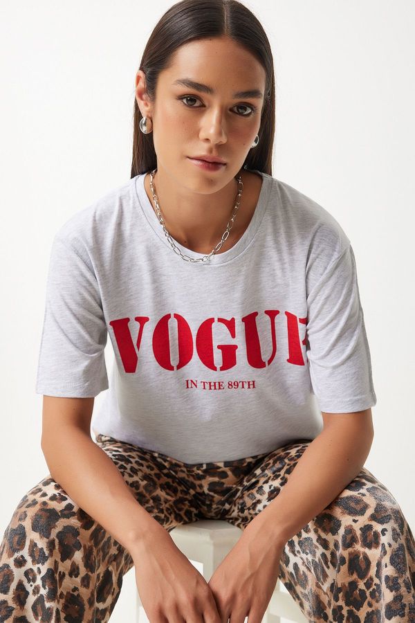 Happiness İstanbul Happiness İstanbul Women's Light Gray Printed Cotton Knitted T-Shirt