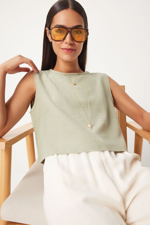 Happiness İstanbul Happiness İstanbul Women's Light Khaki Sleeveless Linen Blouse