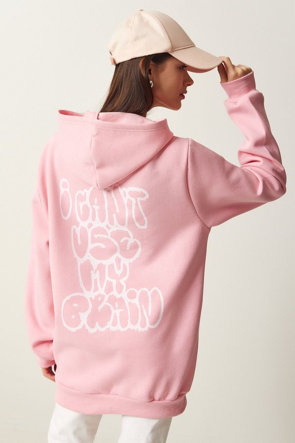Happiness İstanbul Happiness İstanbul Women's Light Pink Hooded Printed Raised Sweatshirt
