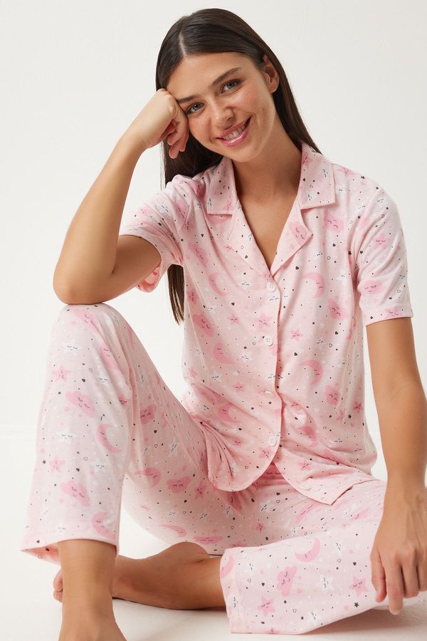Happiness İstanbul Happiness İstanbul Women's Light Pink Patterned Shirt Pants Pajama Set