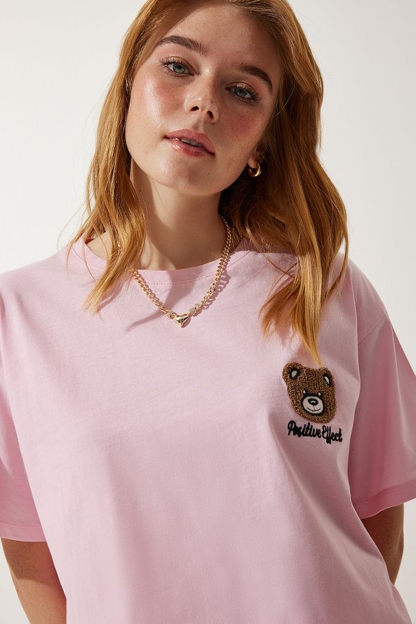 Happiness İstanbul Happiness İstanbul Women's Light Pink Teddy Bear Crest Crop Knitted T-Shirt