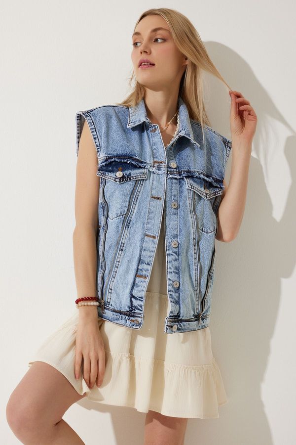 Happiness İstanbul Happiness İstanbul Women's Medium Blue Zipper Detailed Premium Design Denim Vest