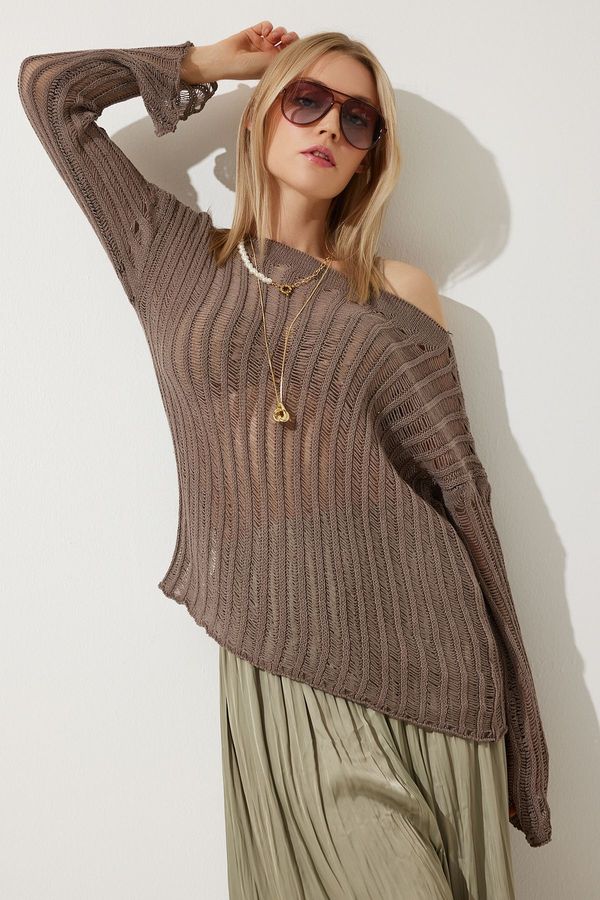 Happiness İstanbul Happiness İstanbul Women's Mink Off-Shoulder Summer Openwork Knitwear Blouse