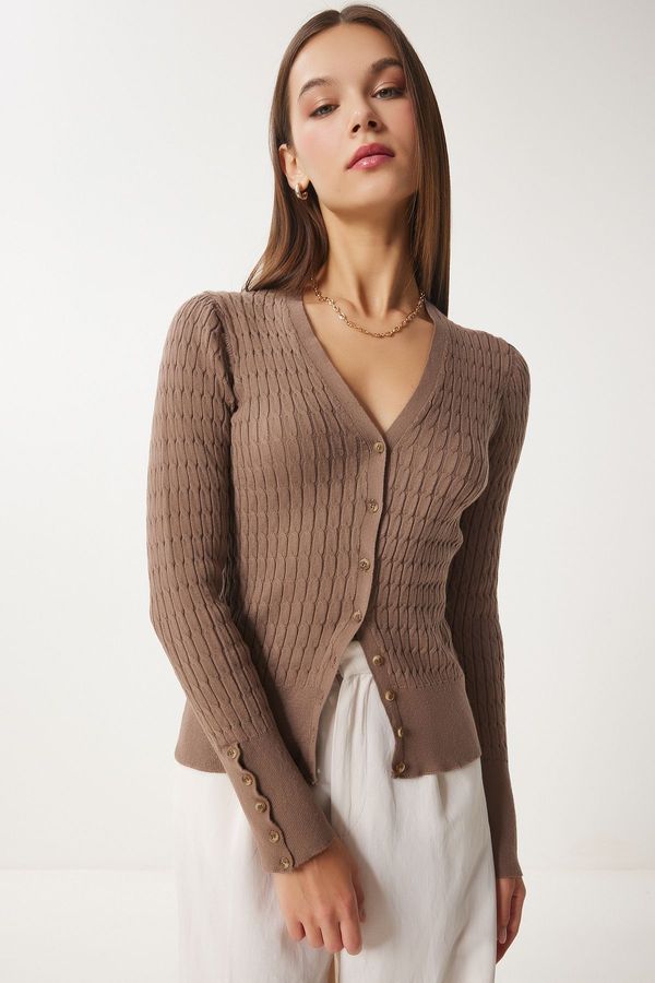 Happiness İstanbul Happiness İstanbul Women's Mink Thessaloniki Knit Detail Wrap Knitwear Cardigan