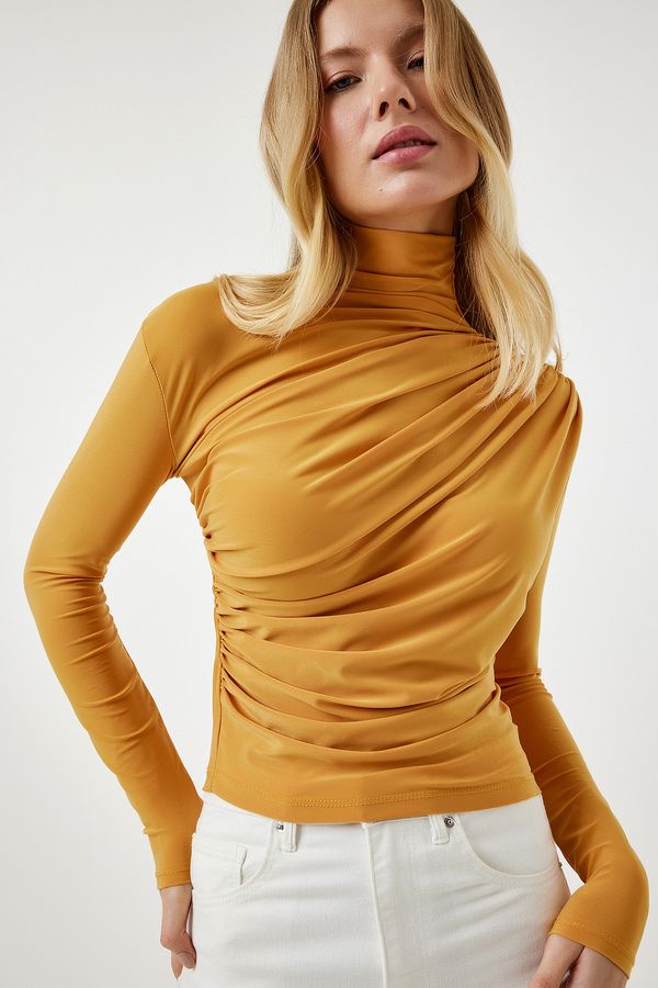 Happiness İstanbul Happiness İstanbul Women's Mustard Gather Detailed High Collar Sandy Blouse