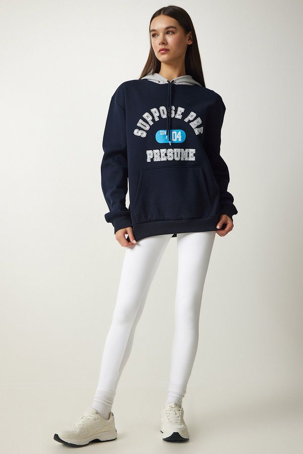 Happiness İstanbul Happiness İstanbul Women's Navy Blue Hooded Rayon Printed Sweatshirt
