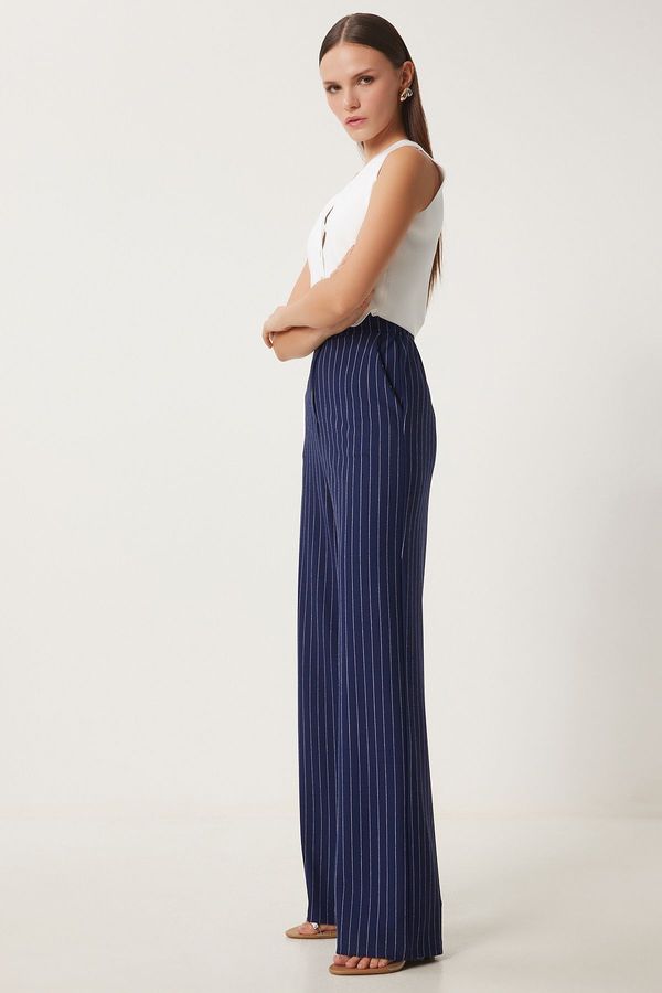 Happiness İstanbul Happiness İstanbul Women's Navy Blue Striped Casual Woven Trousers