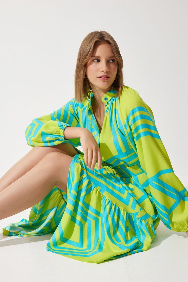 Happiness İstanbul Happiness İstanbul Women's Oil Green Belted Oversize Summer Viscose Dress