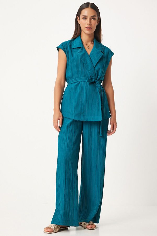 Happiness İstanbul Happiness İstanbul Women's Oil Green Belted Vest Palazzo Knitted Suit