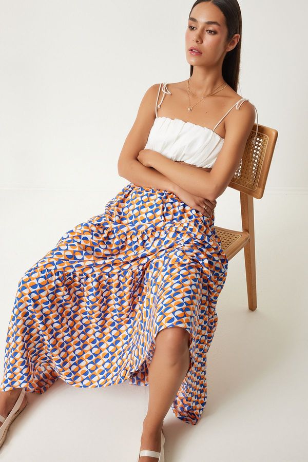 Happiness İstanbul Happiness İstanbul Women's Orange Blue Patterned Flounce Summer Maxi Viscose Skirt