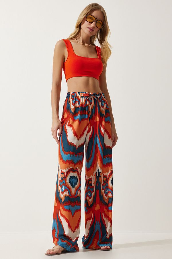 Happiness İstanbul Happiness İstanbul Women's Orange Navy Blue Patterned Flowing Viscose Palazzo Trousers