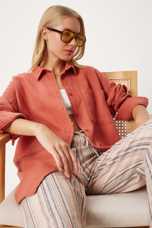 Happiness İstanbul Happiness İstanbul Women's Peach Oversize Basic Muslin Shirt