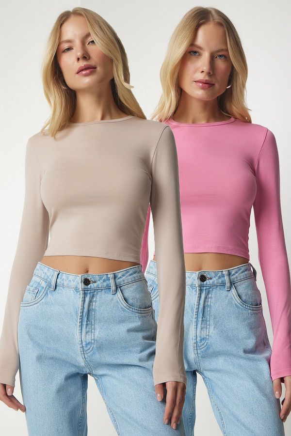 Happiness İstanbul Happiness İstanbul Women's Pink Beige Basic 2-Pack Knitted Crop Top