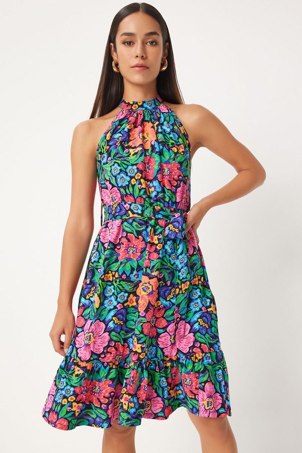 Happiness İstanbul Happiness İstanbul Women's Pink Blue Belted Floral Patterned Midi Dress