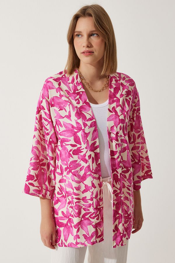 Happiness İstanbul Happiness İstanbul Women's Pink Ecru Patterned Viscose Kimono