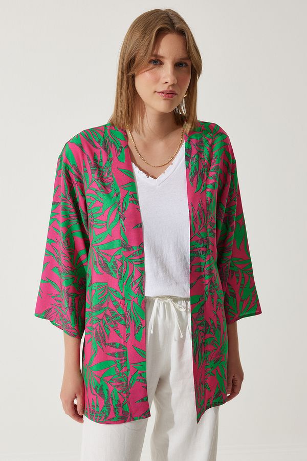 Happiness İstanbul Happiness İstanbul Women's Pink Green Patterned Viscose Kimono