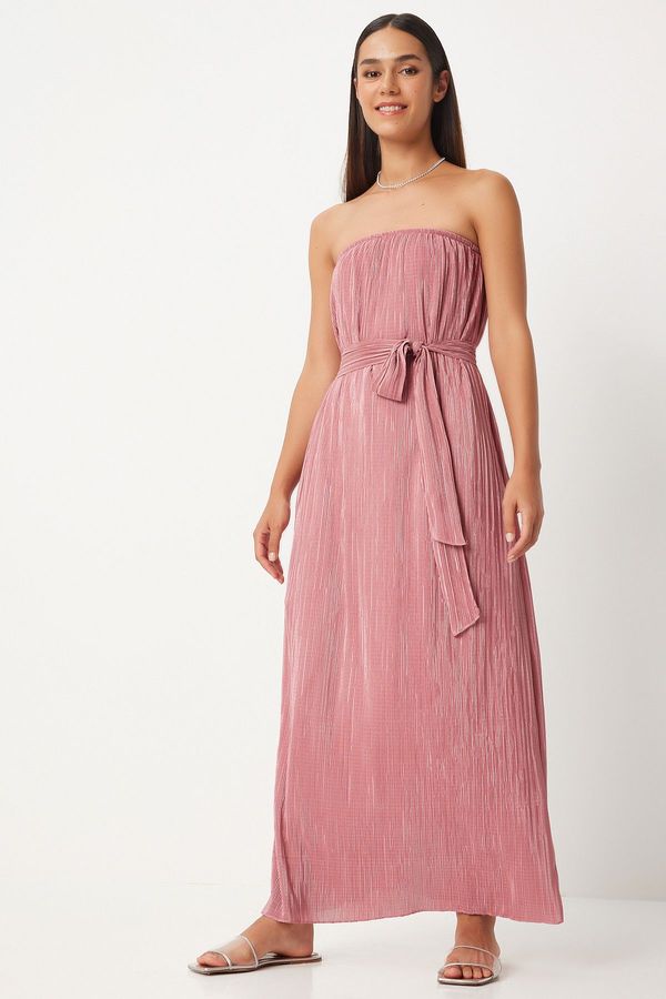 Happiness İstanbul Happiness İstanbul Women's Pink Strapless Belted Pleated Dress