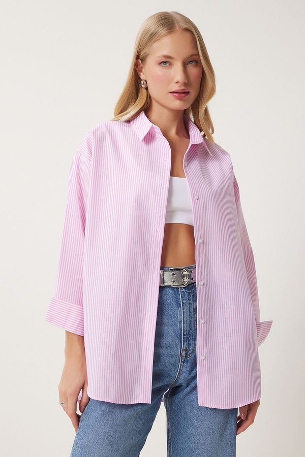 Happiness İstanbul Happiness İstanbul Women's Pink Striped Oversize Long Basic Shirt