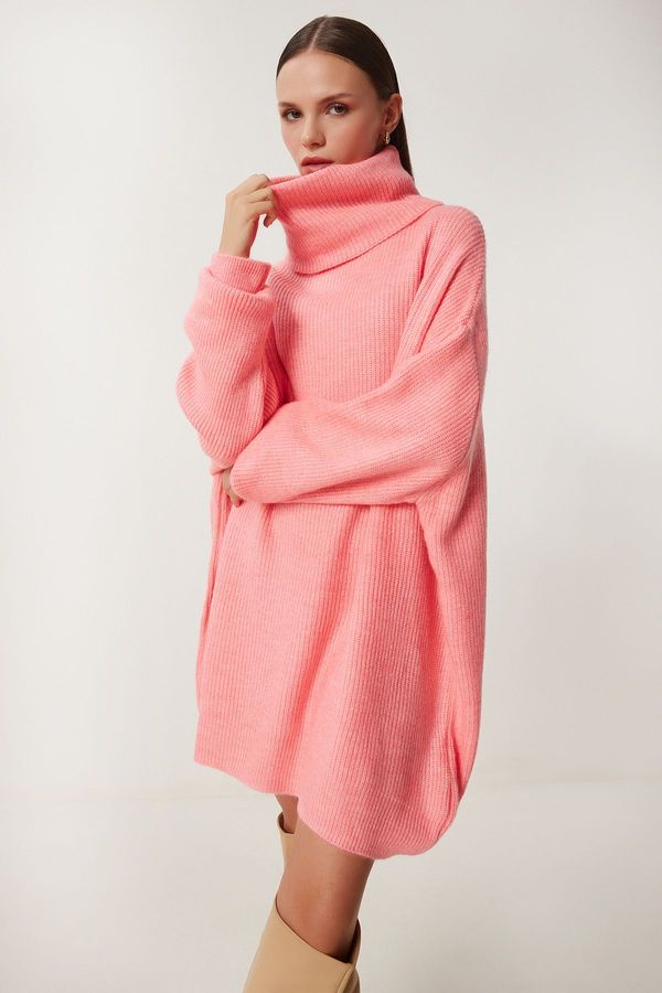 Happiness İstanbul Happiness İstanbul Women's Pink Turtleneck Long Knit Sweater